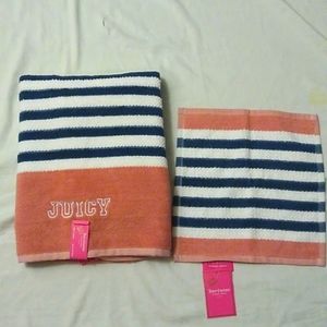 Juicy Couture bath towel & washcloth Stripes 2 piece set 100% cotton NWT